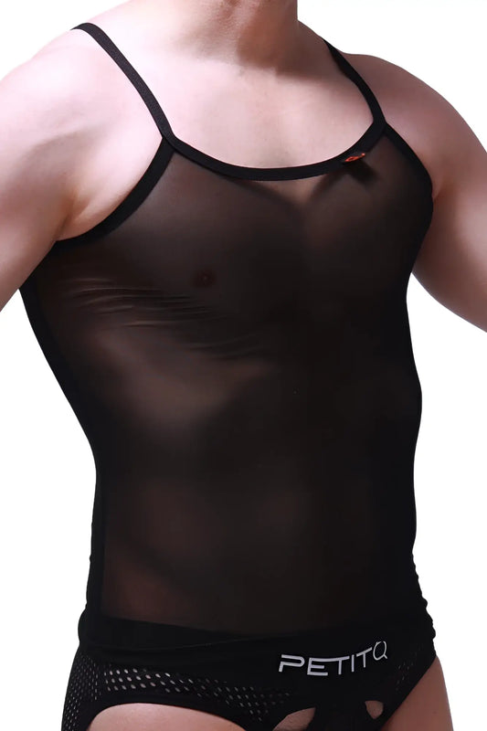 Black sheer mesh tank top with thin straps and black elastic waistband shown from front view