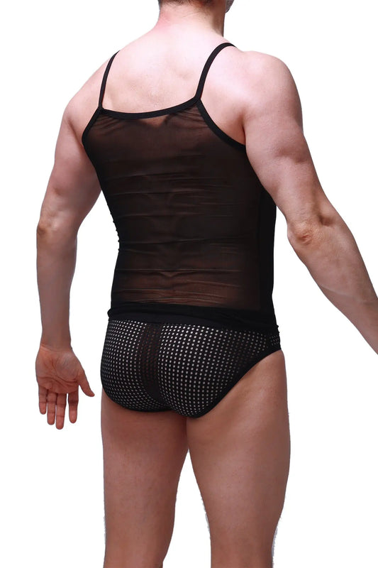 Black sheer mesh tank top with thin straps and black waistband from tank net black collection