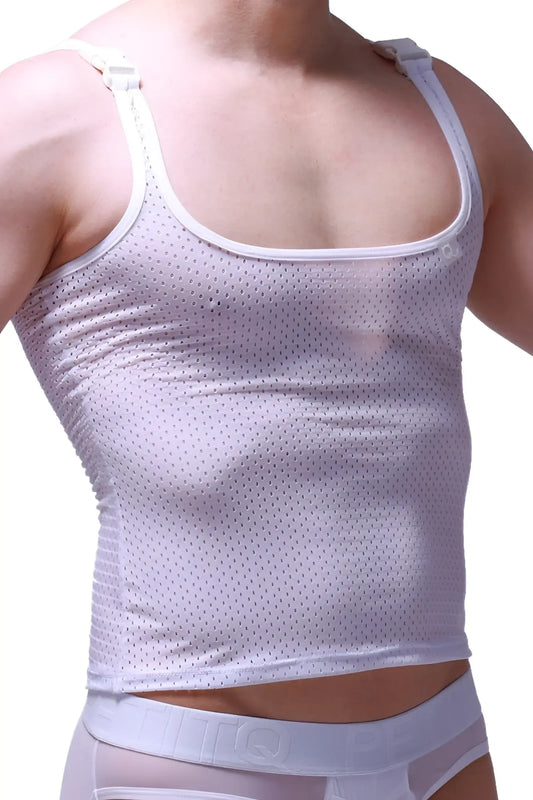 White mesh tank top attan bee white with adjustable straps and scoop neckline for casual wear