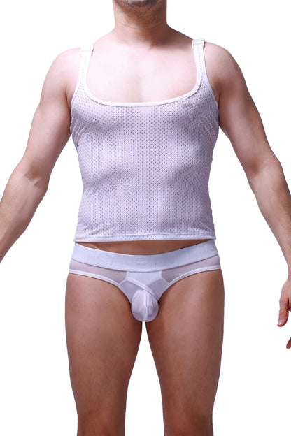 White mesh tank top attan bee with thin straps and square neckline ideal for casual summer wear