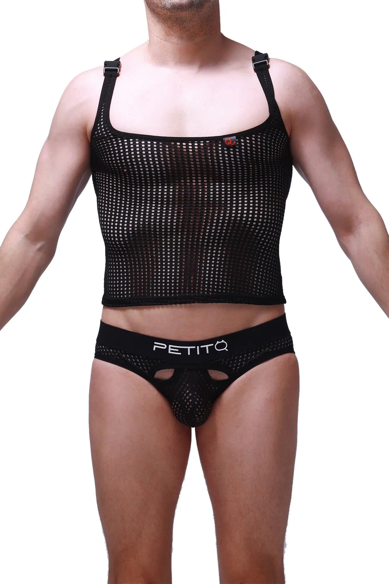 Black mesh tank top attan durtol black with adjustable straps and small red logo on the upper right side