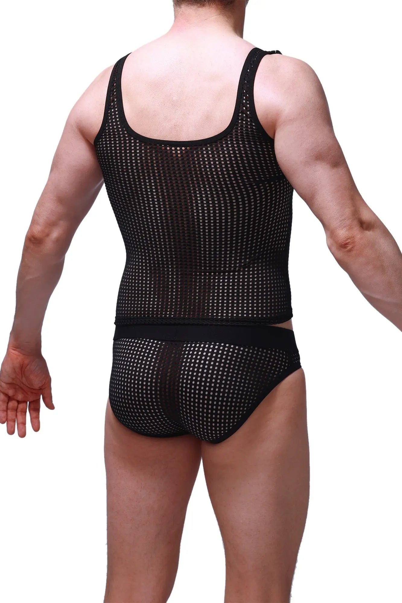 Black mesh tank top and matching briefs set featuring breathable fabric for stylish comfort and fit