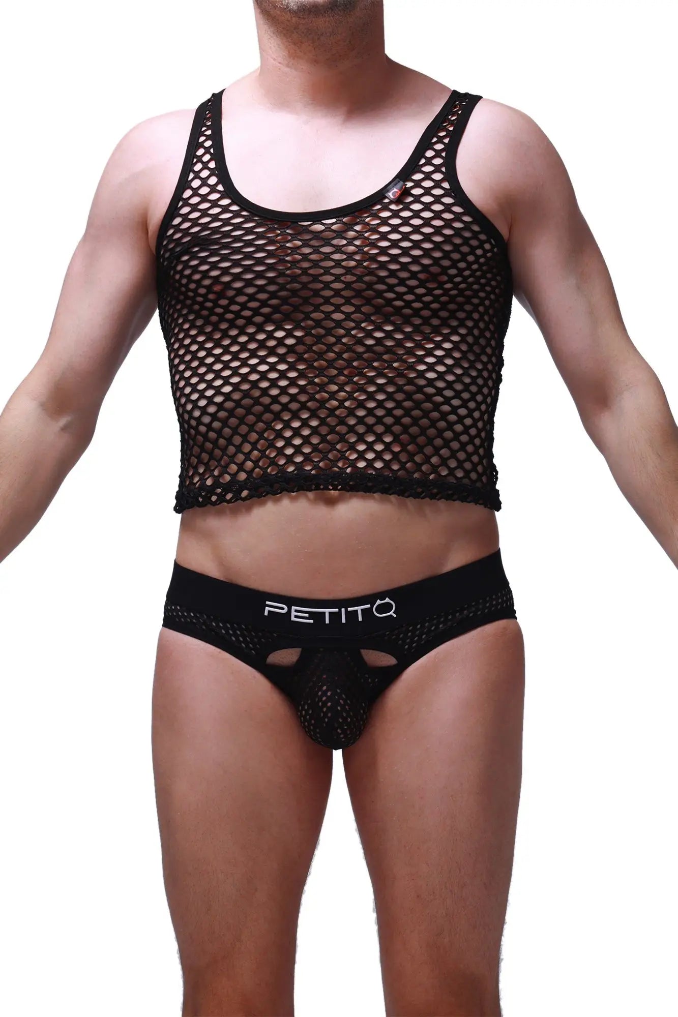 Black mesh crop top with scoop neckline and adjustable shoulder straps perfect for casual wear