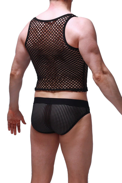 Black mesh tank top and matching briefs set featuring breathable mesh material for a stylish and comfortable fit