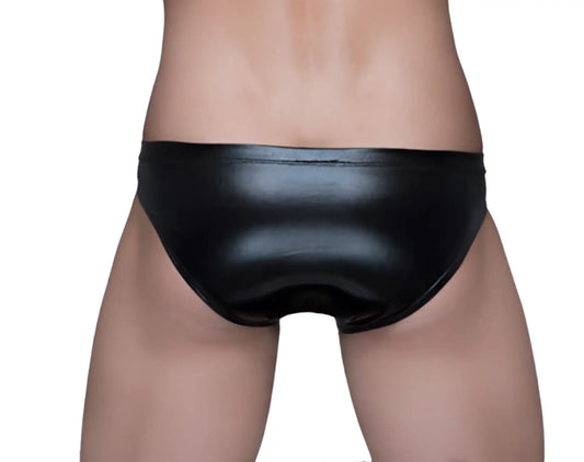 Black shiny leather briefs with coated finish from Tartarus Coated Brief collection shown from the front side