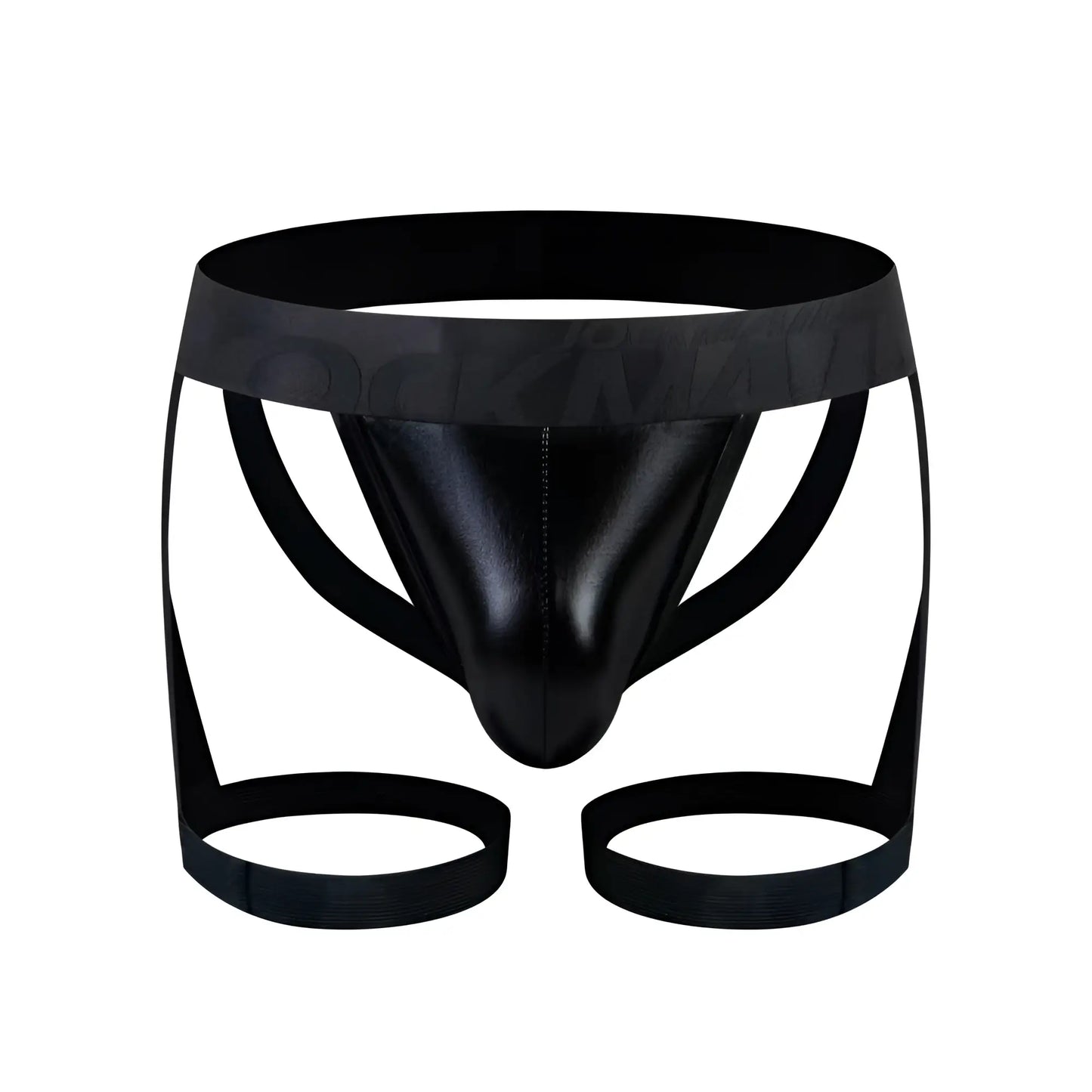 Black patent leather TARTARUS coated jock harness thong with wide waistband and two circular leg straps