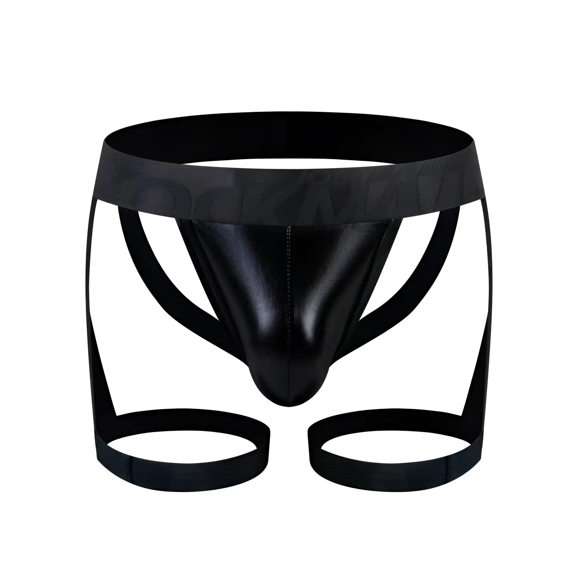 Black patent leather TARTARUS coated jock harness thong with wide waistband and two circular leg straps