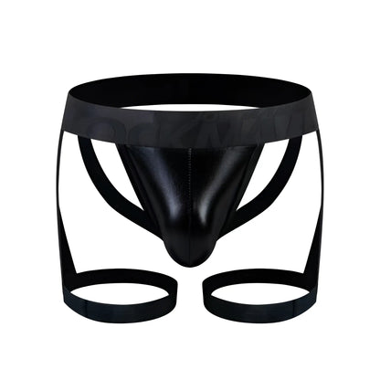 Black patent leather TARTARUS coated jock harness thong with wide waistband and two circular leg straps