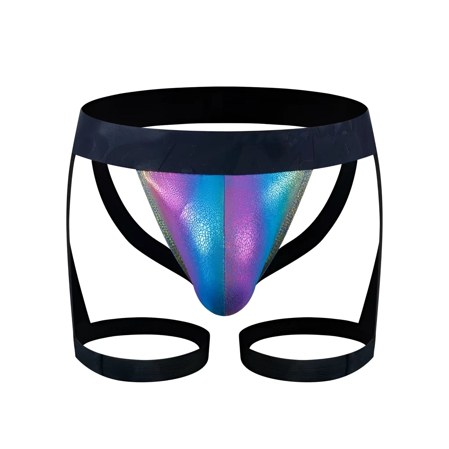 Iridescent holographic tartarus coated jock harness briefs with black elastic waistband and leg straps visible from the back