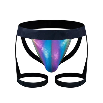 Iridescent holographic tartarus coated jock harness briefs with black elastic waistband and leg straps visible from the back
