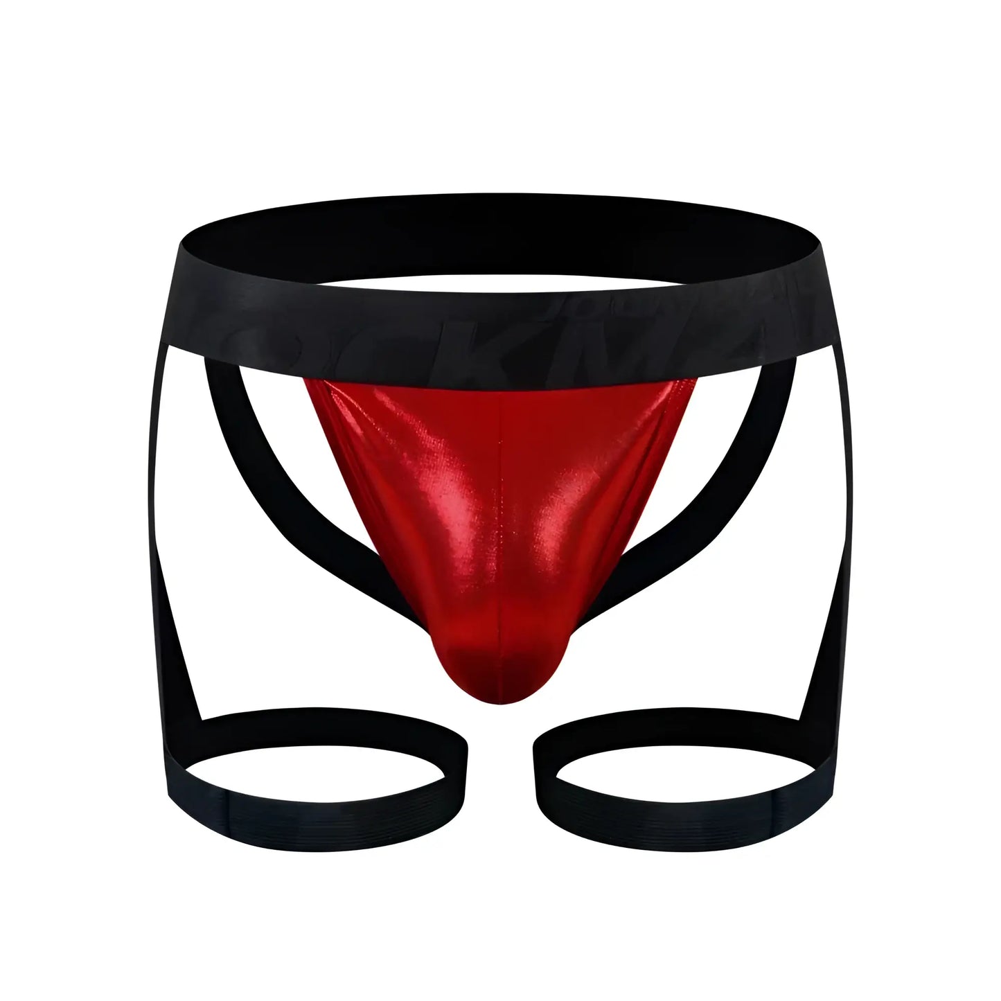Red metallic briefs with black elastic waistband and leg straps in tartarus coated jock harness design
