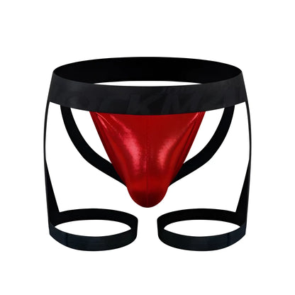 Red metallic briefs with black elastic waistband and leg straps in tartarus coated jock harness design