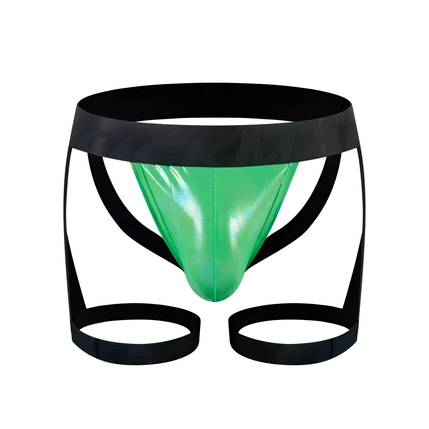 Tartarus coated jock harness vibrant green metallic briefs with black elastic waistband and matching leg straps