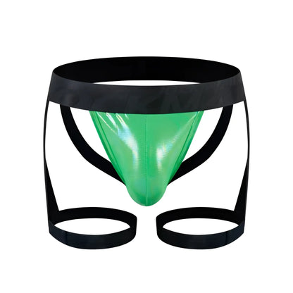 Tartarus coated jock harness vibrant green metallic briefs with black elastic waistband and matching leg straps
