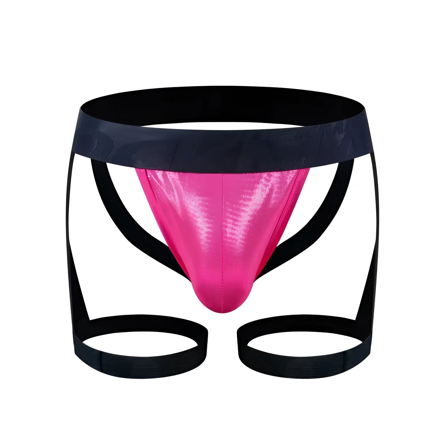 Vibrant pink metallic fabric tartarus coated jock harness briefs with black elastic waistband and leg straps