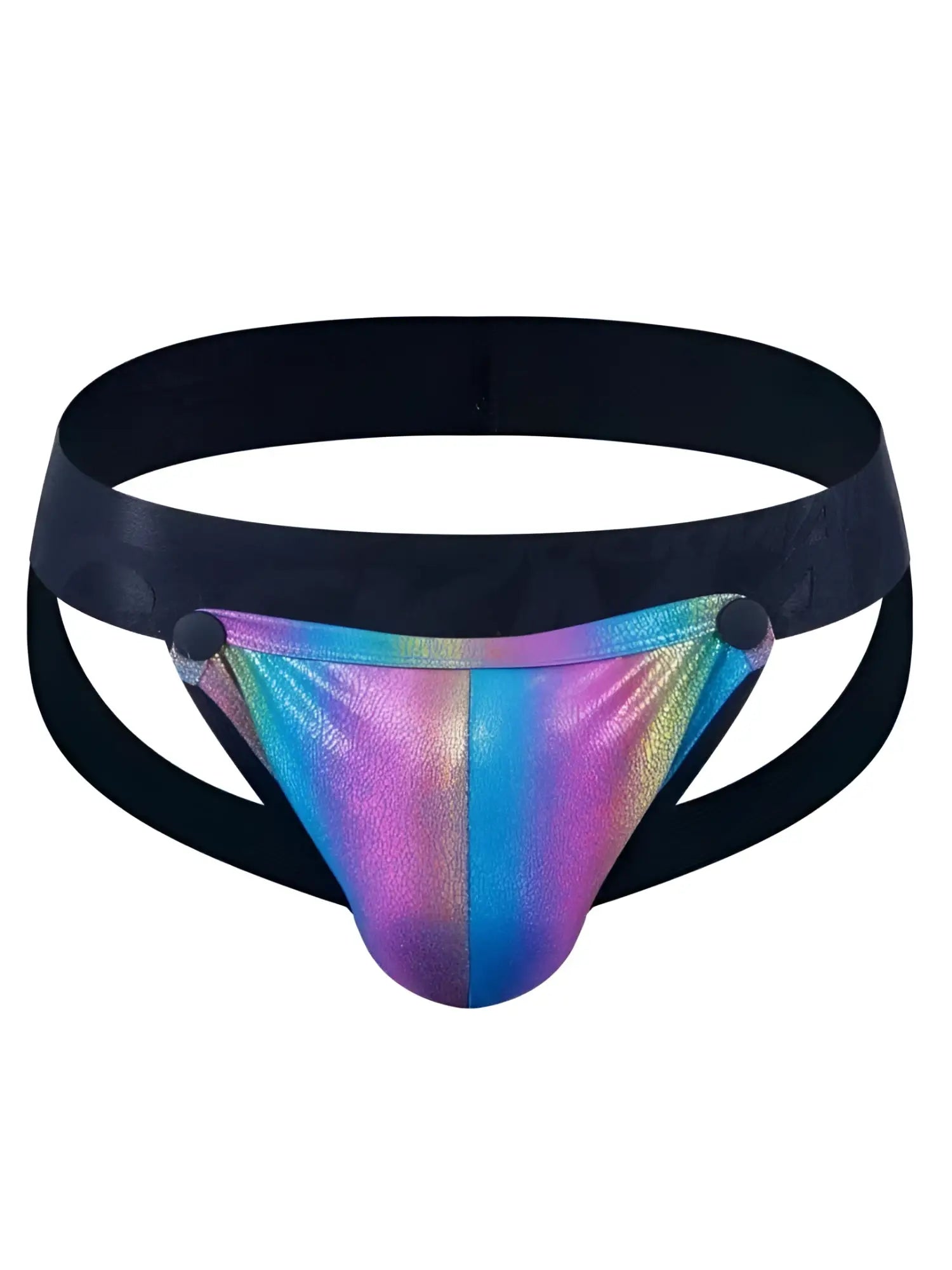 Tartarus coated jockstrap iridescent holographic fabric briefs with black elastic waistband and side straps