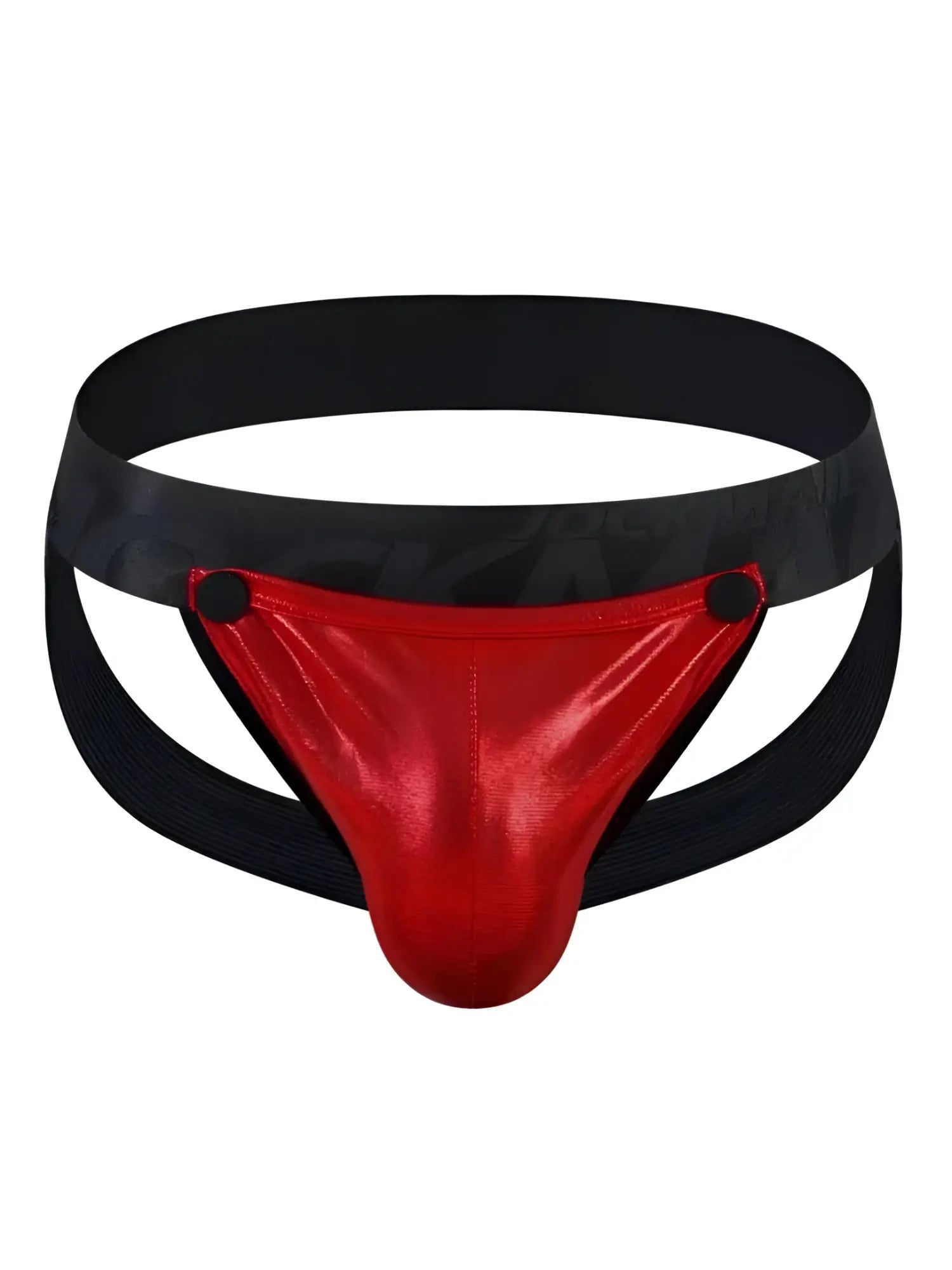 Red metallic tartarus coated jockstrap briefs with black elastic waistband and side straps for support