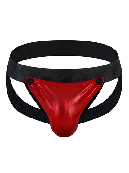 Red metallic tartarus coated jockstrap briefs with black elastic waistband and side straps for support