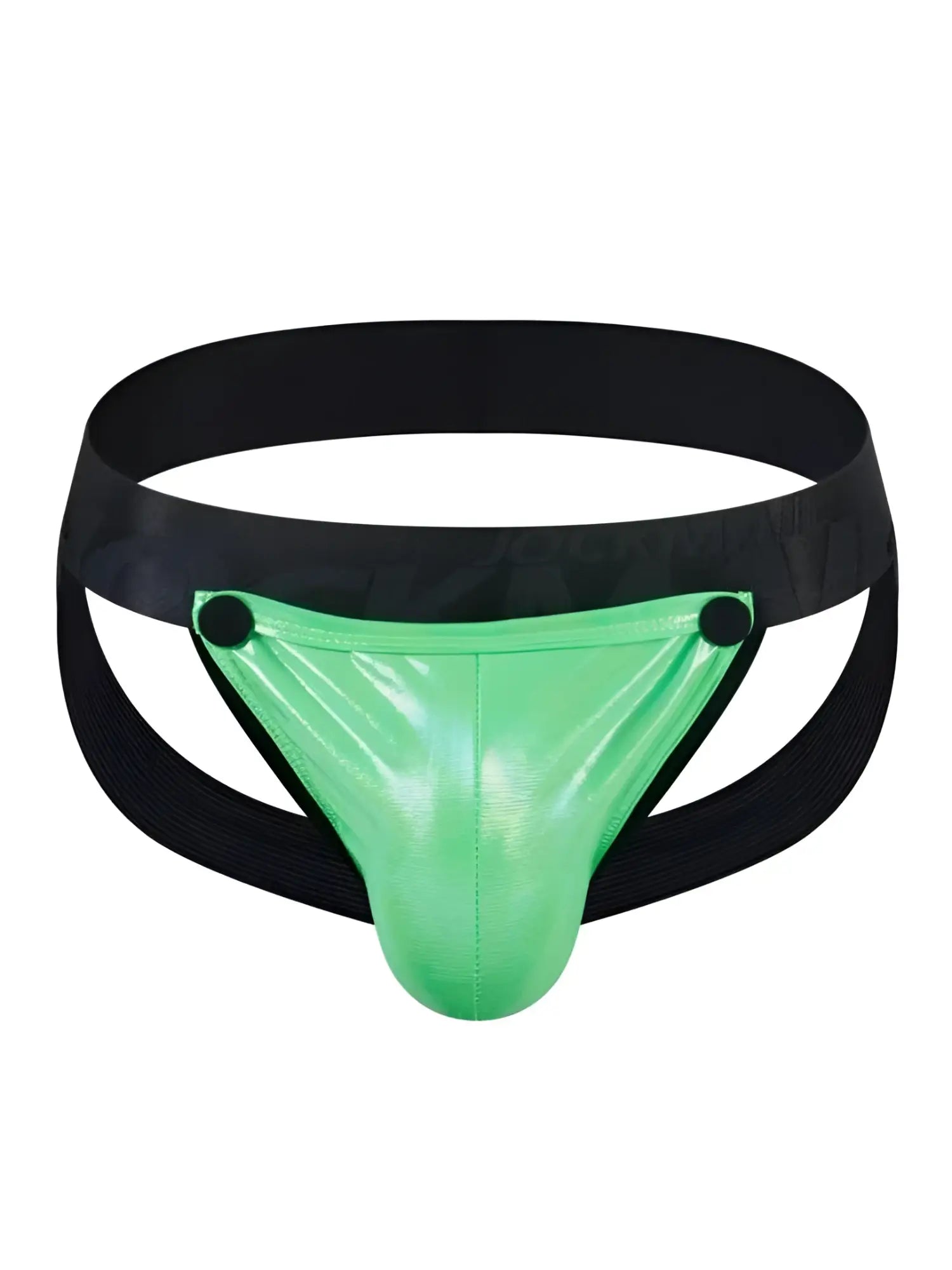 Vibrant green tartarus coated jockstrap briefs with black elastic waistband and side straps displayed from the front