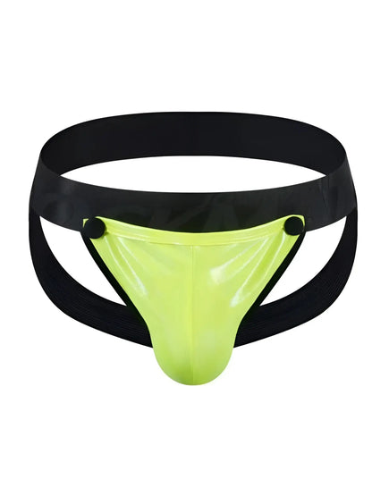 Vibrant neon green tartarus coated jockstrap latex briefs with black elastic waistband and side straps