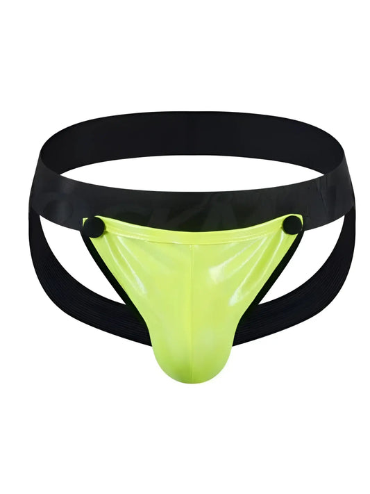 Vibrant neon green tartarus coated jockstrap latex briefs with black elastic waistband and side straps