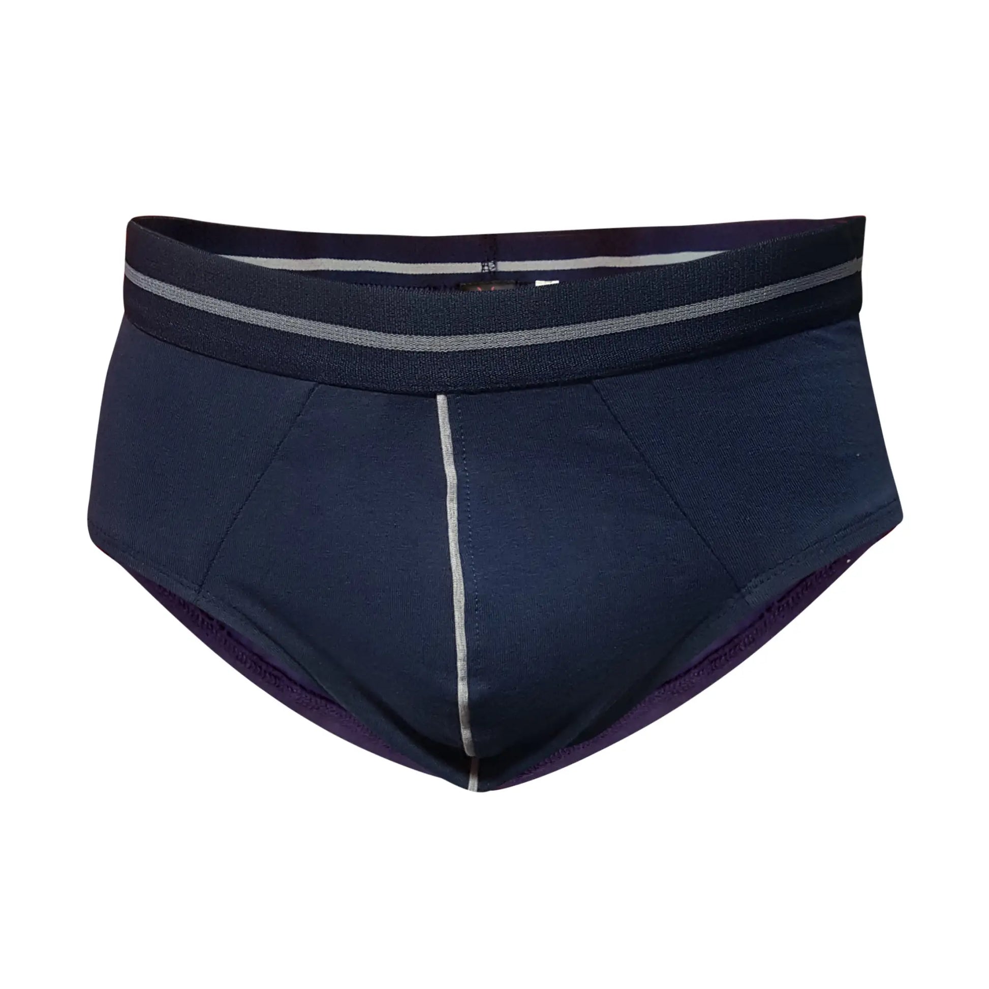 Dark navy tartarus cotton brief with textured fabric gray-striped waistband and subtle silver stitching on center seam