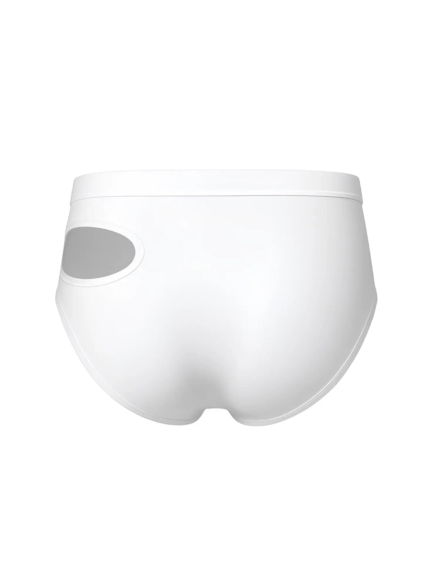 White brief underwear with a gray oval side cutout from the tartarus cut out brief collection