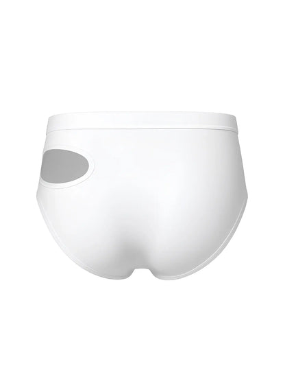 White brief underwear with a gray oval side cutout from the tartarus cut out brief collection