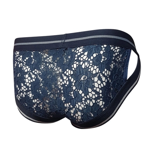 Navy blue tartarus lace brief with delicate floral pattern and contrasting gray trim on waistband and leg openings