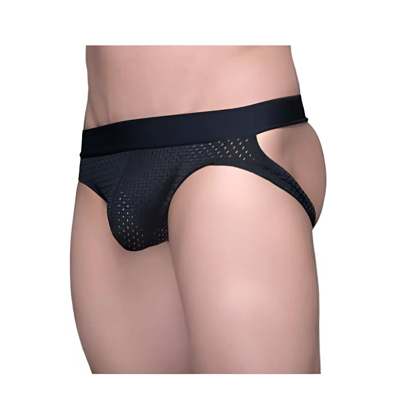 Black mesh briefs tartarus mesh jock with solid waistband showcasing breathable mesh fabric and supportive design