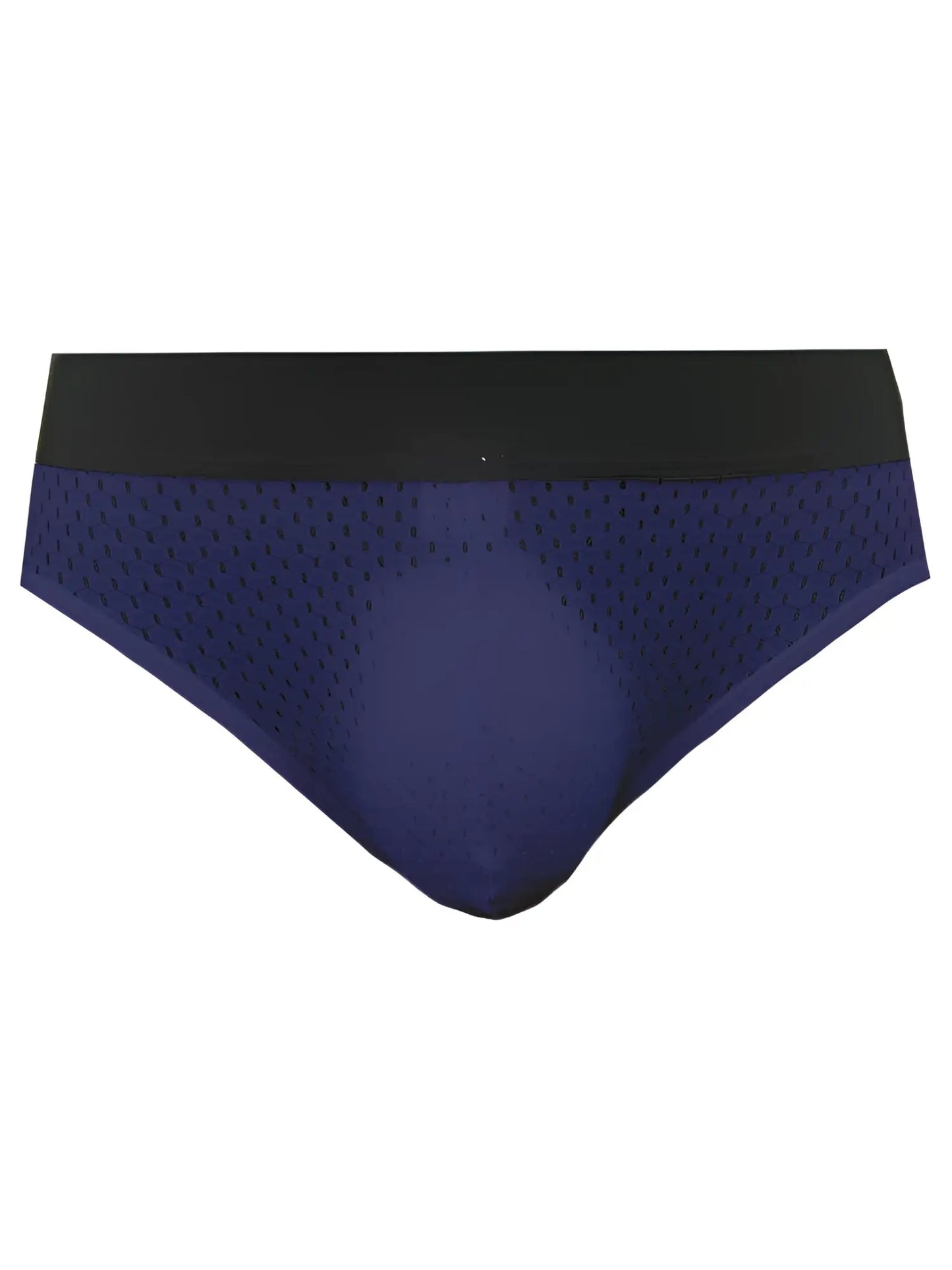 Navy blue mesh briefs with black elastic waistband showing the back side of tartarus mesh jock