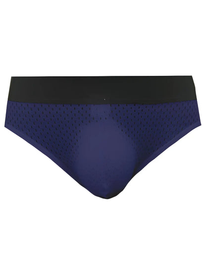 Navy blue mesh briefs with black elastic waistband showing the back side of tartarus mesh jock