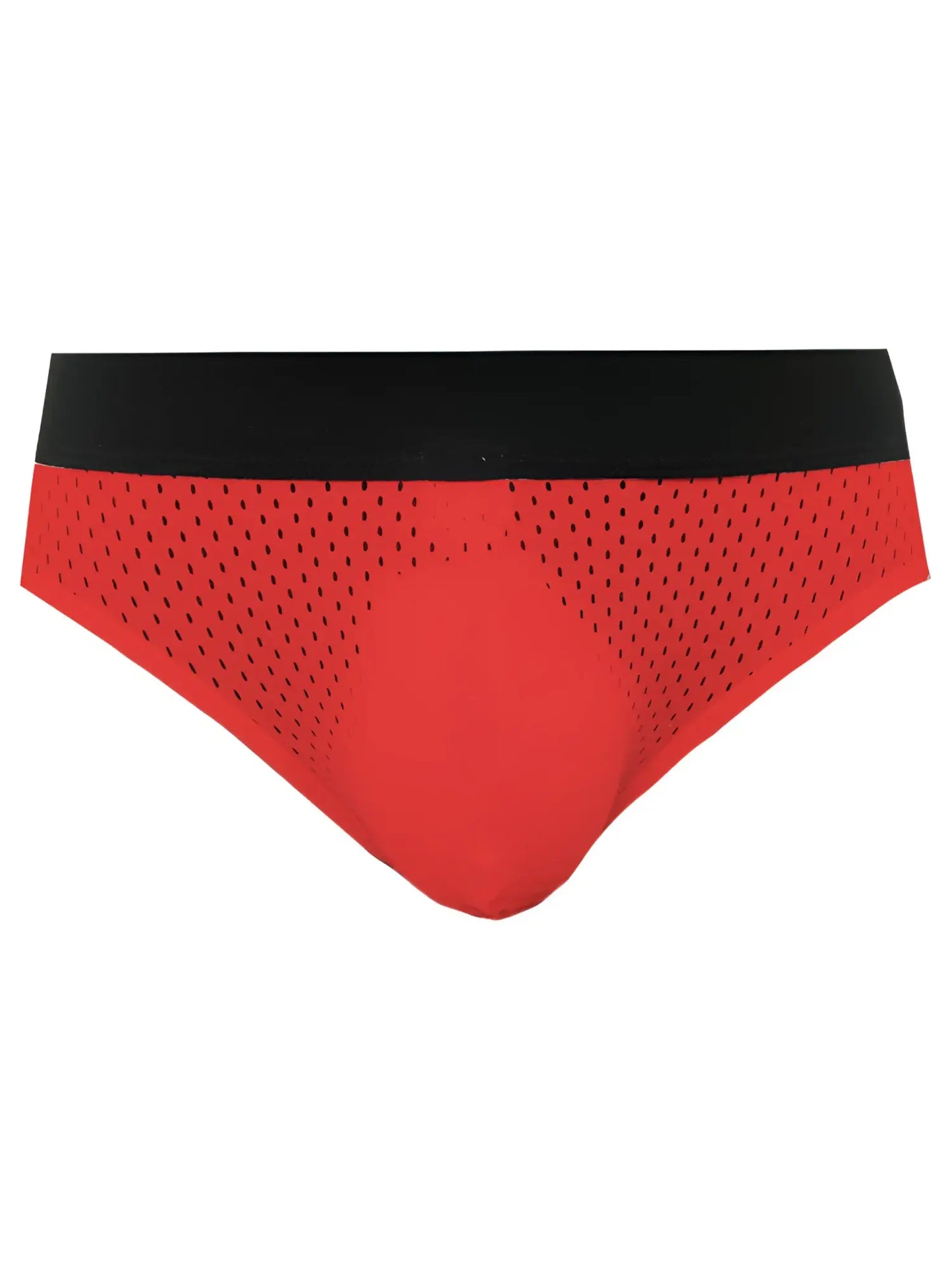 Red mesh briefs with a black waistband from tartarus mesh jock highlighting breathable mesh material