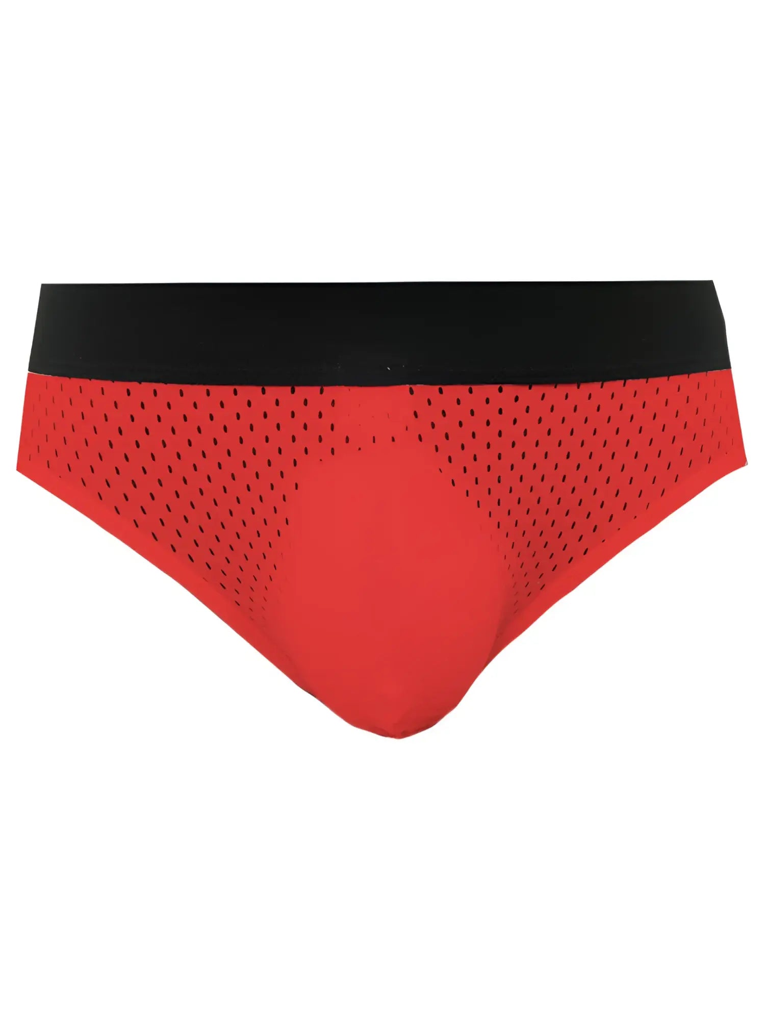 Red mesh briefs with a black waistband from tartarus mesh jock highlighting breathable mesh material