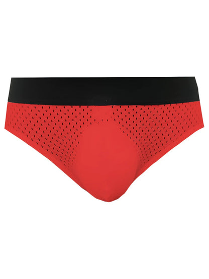 Red mesh briefs with a black waistband from tartarus mesh jock highlighting breathable mesh material