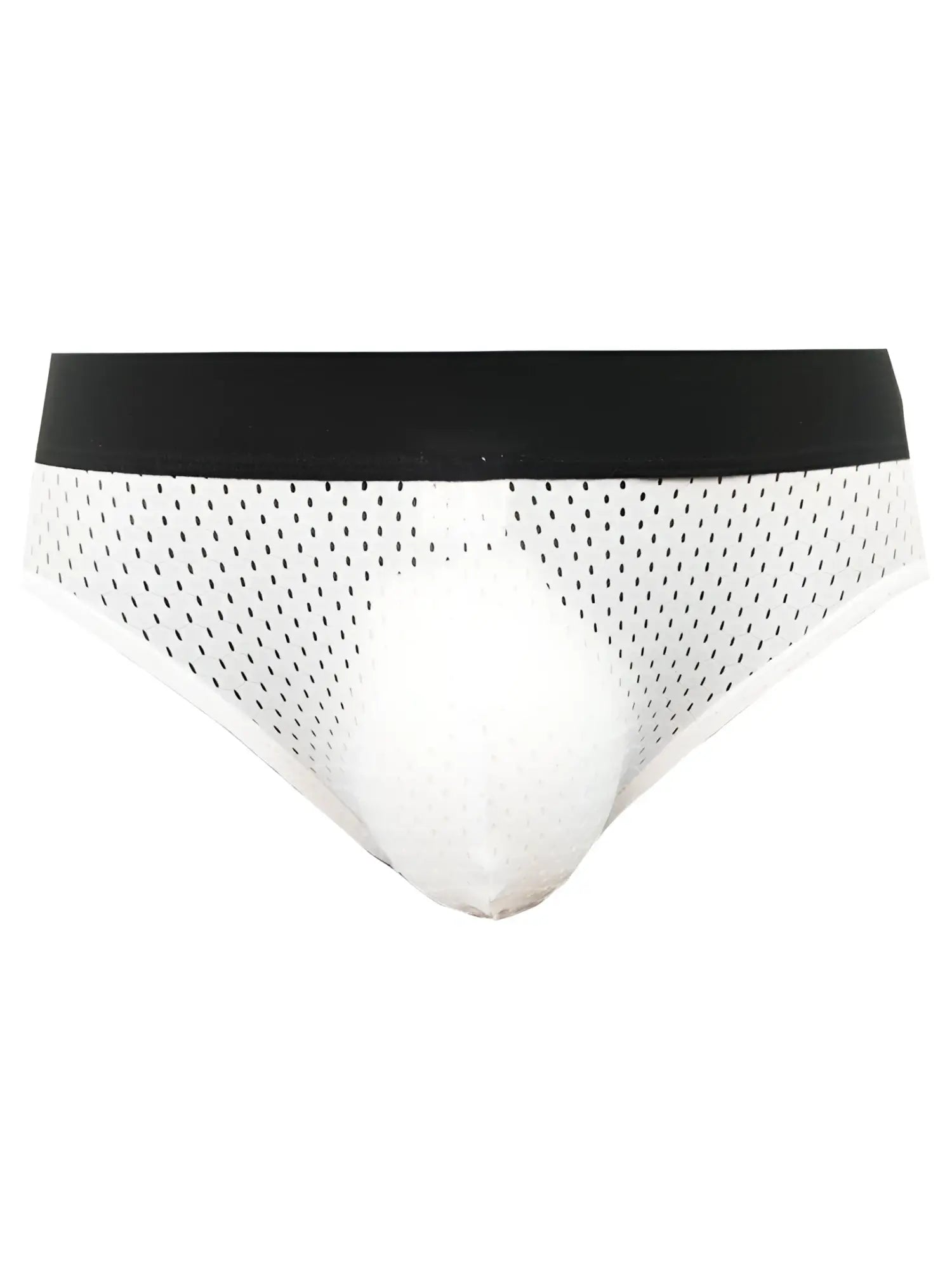 White mesh briefs with black elastic waistband from tartarus mesh jock collection front view