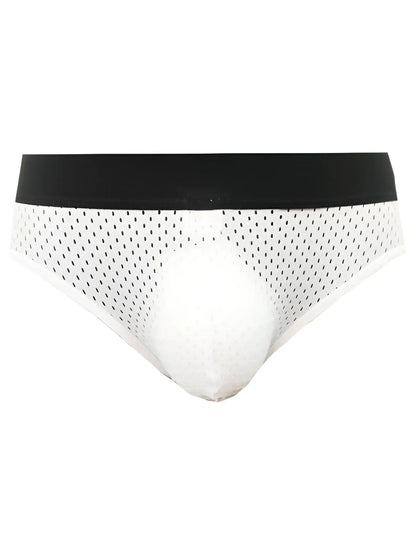 White mesh briefs with black elastic waistband from tartarus mesh jock collection front view