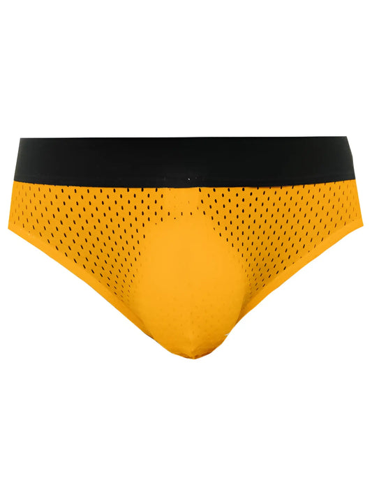 Yellow tartarus mesh jock briefs with black waistband made of breathable mesh fabric for comfortable wear