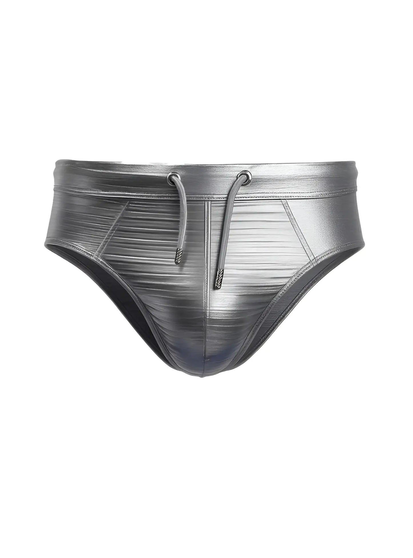 Tartarus metallic brief shiny metallic silver swim trunks with textured ribbed pattern and matching drawstrings