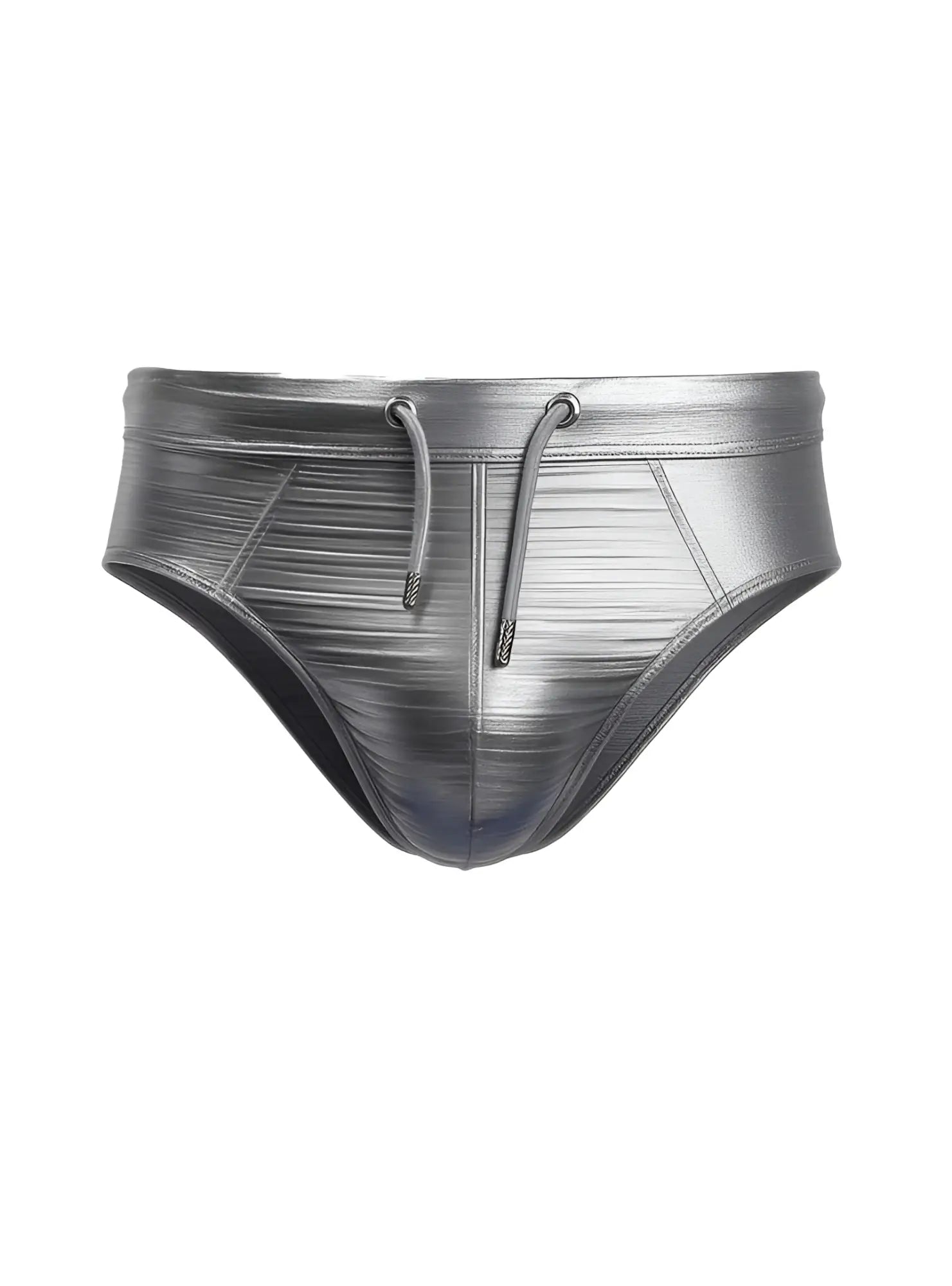 Tartarus metallic brief shiny metallic silver swim trunks with textured ribbed pattern and matching drawstrings