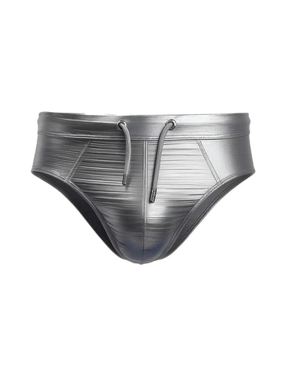Tartarus metallic brief shiny metallic silver swim trunks with textured ribbed pattern and matching drawstrings