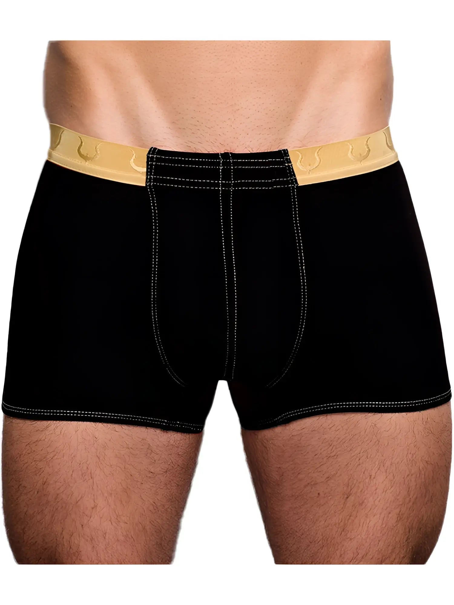 Black boxer briefs tartarus monaco trunk with gold elastic waistband featuring horseshoe patterns and white stitching