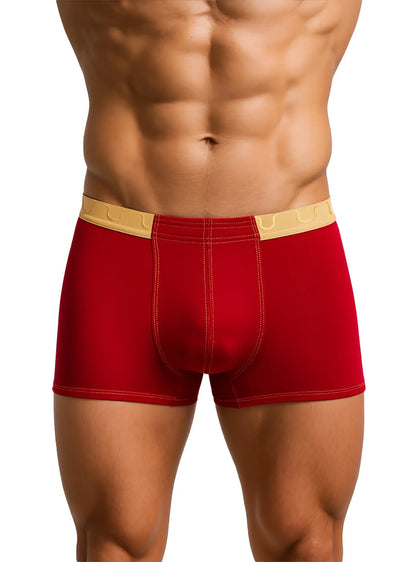 Red boxer briefs tartarus monaco trunk with tan elastic waistband featuring subtle logo pattern