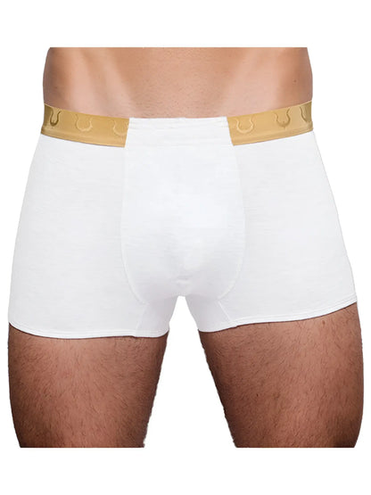 White boxer briefs tartarus monaco trunk with gold elastic waistband embossed with horseshoe patterns