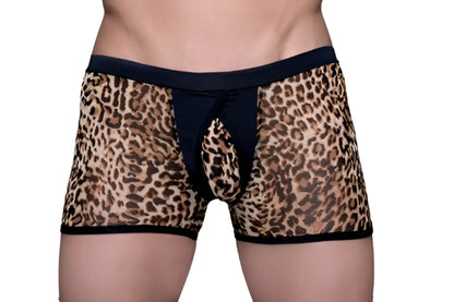 Tartarus peakaboo trunk leopard-print mesh briefs with black elastic waistband and leg openings front view