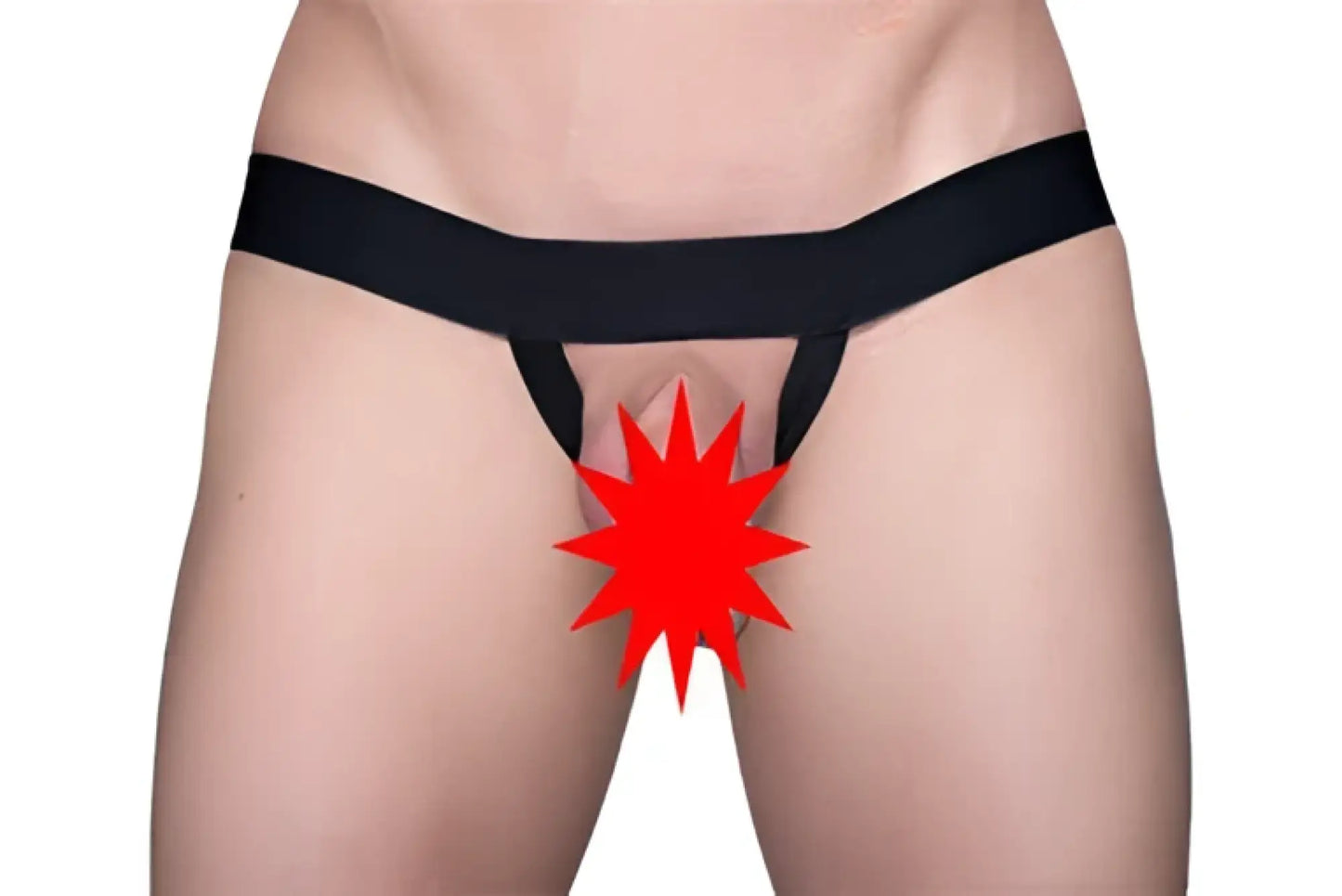 Black thong tartarus ring g-string with red starburst graphic on front in stretch fabric for lingerie wear