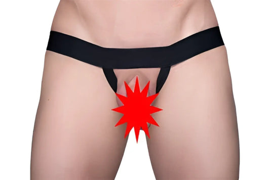 Black thong tartarus ring g-string with red starburst graphic on front in stretch fabric for lingerie wear
