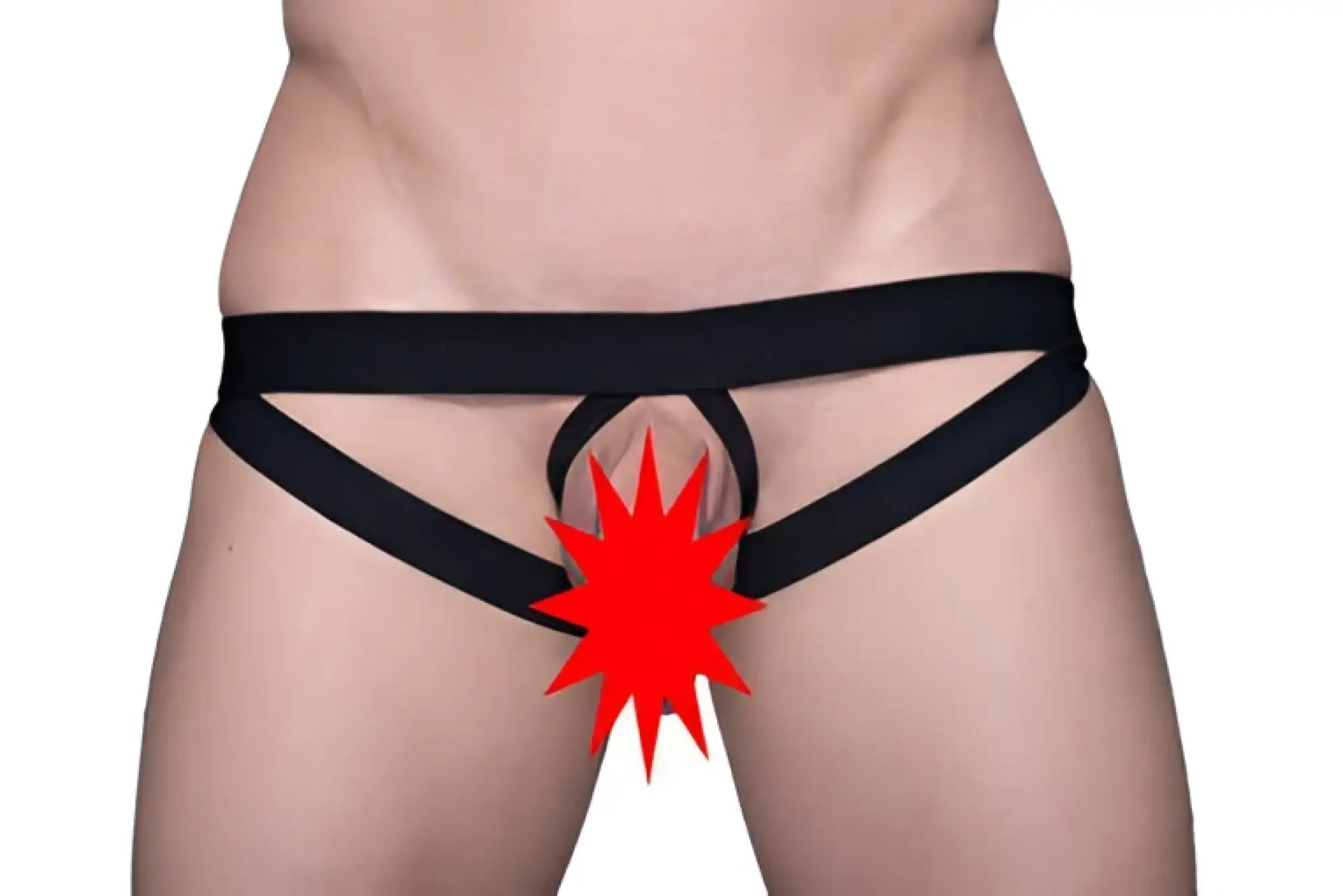 Black thong tartarus ring jock with red starburst graphic in the center designed for bold statement wear