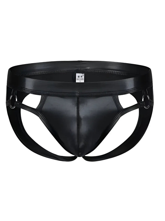 Black patent leather tartarus ring jockstrap briefs with glossy finish and metal ring reinforced side straps