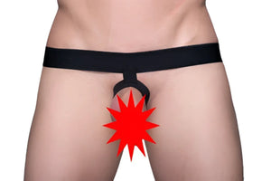 Black thong with tartarus ring strap and central hook detail designed for a stylish and secure fit